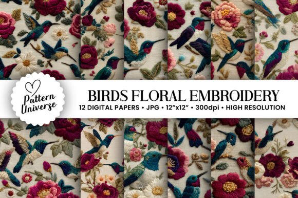 Birds Floral Embroidery Digital Papers Review for Sellers
